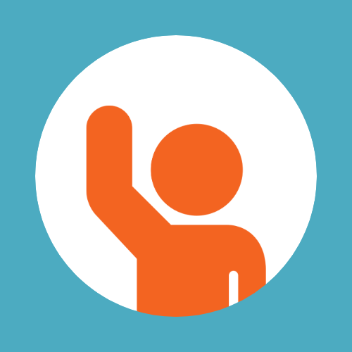 Orange icon of person with raised hand over a white circle and blue background. 