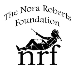 Nora Roberts Foundation logo; silhouette of girl reading on letters nrf