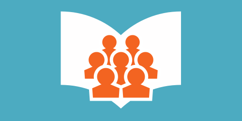 Group of orange people busts over white pages of open book on blue background.