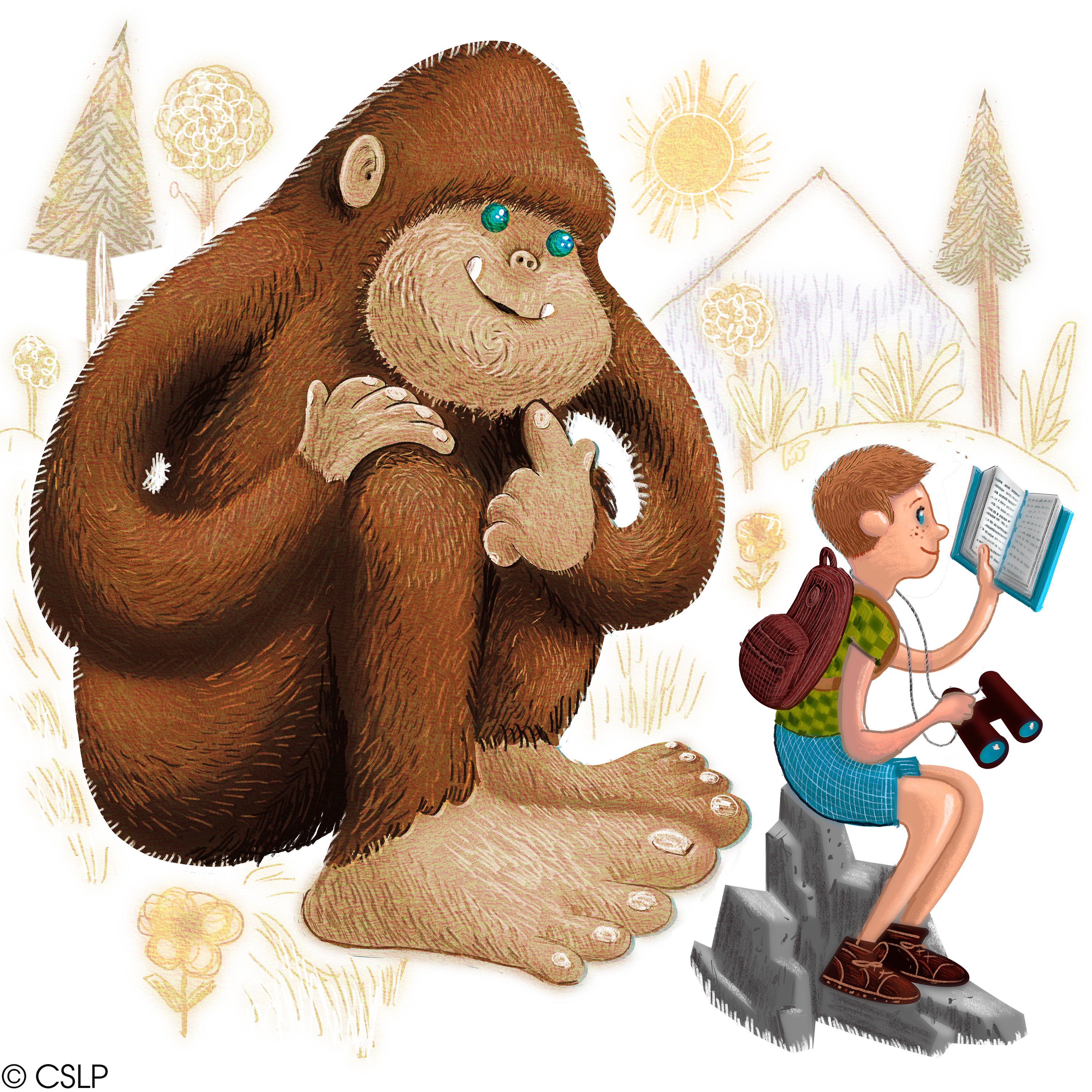 A boy reads a book while sitting on a rock, unaware of a large smiling bigfoot reading over his shoulder
