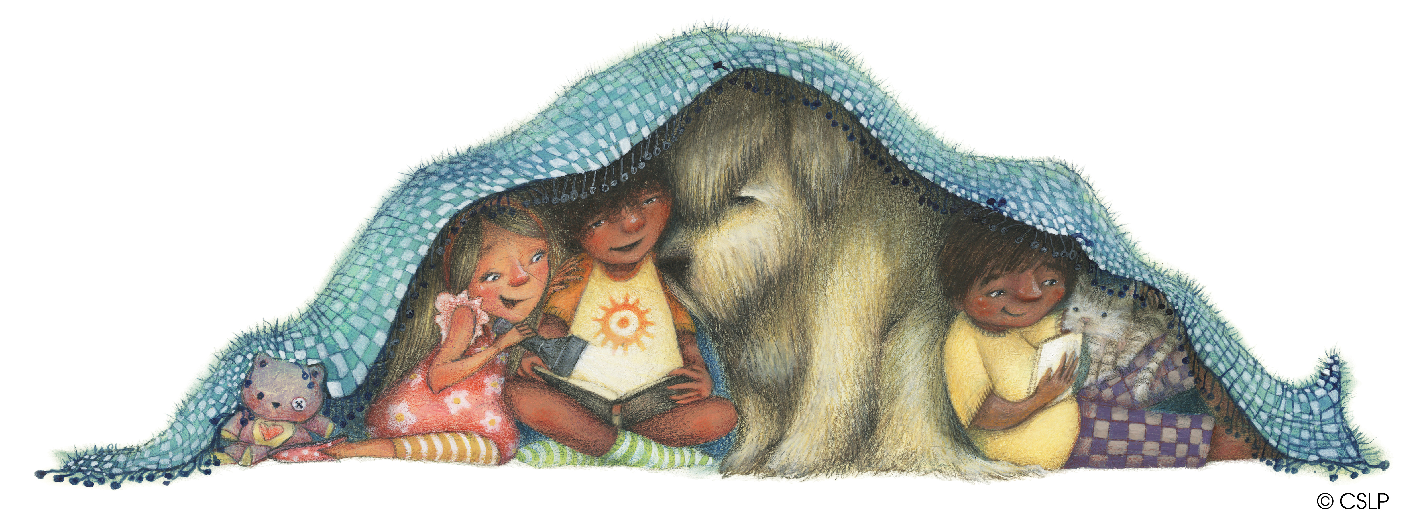 Children reading under a blanket with a shaggy dog