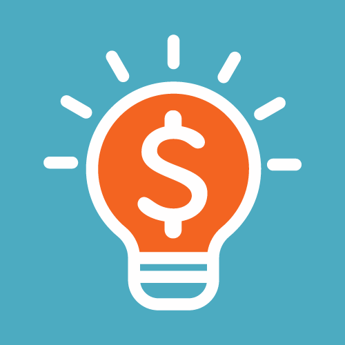 white outline of lightbulb with light lines with orange inside and $ on blue background.
