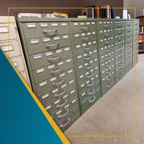Genealogy microfilm cabinets.