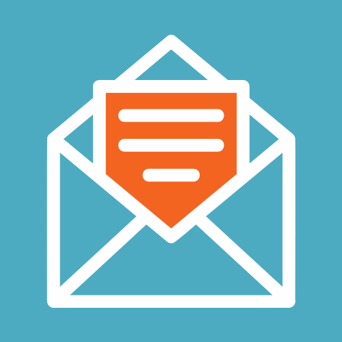 White outline of envelope with orange letter inside on blue background.