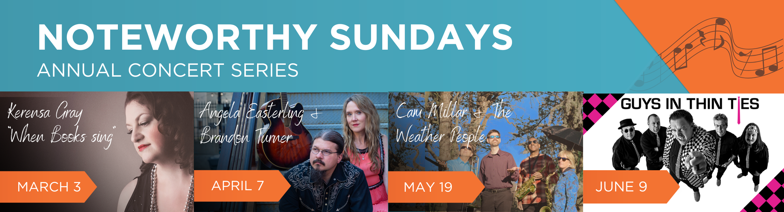 "Noteworthy Sundays" text with 4 images of musicians posing for photos.
