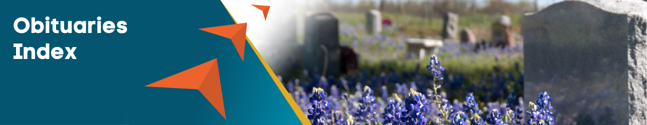 Obituaries Index banner with three orange arrows pointing to purple flowers in front of a headstone in a cemetery.