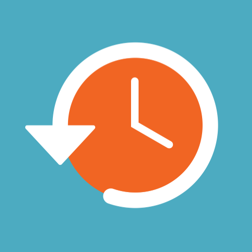White counterclockwise arrow around orange clock face on blue background.