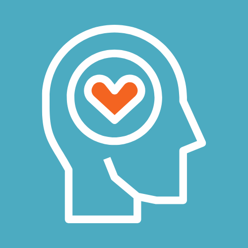Whie outline of human head profile with orange heart over brain on blue background.