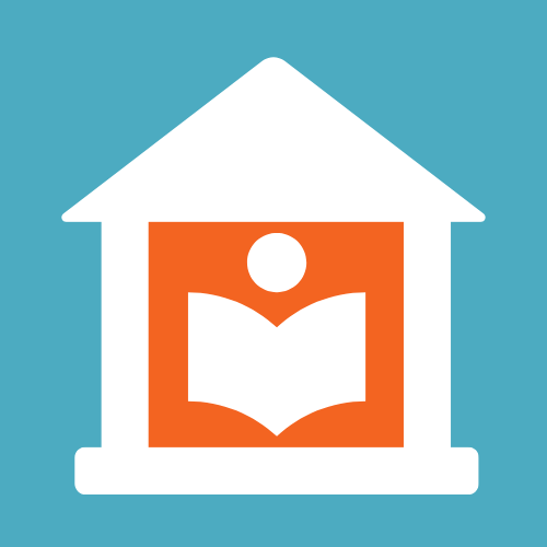 White silhouette of library building with icon of reading person inside orange square and blue background.