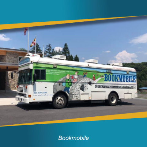 Parked Bookmobile bus with graphics on the side of bus of children walking across a bridge.