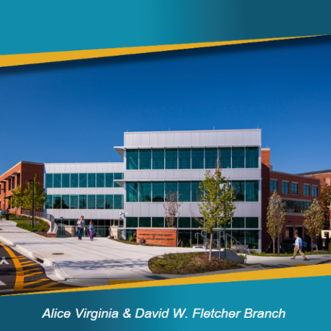 Alice Virginia &amp; David W. Fletcher Branch Library building with people walking on sidewalk in front.