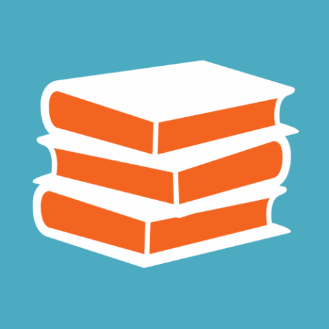 Stack of white books with orange pages, aqua blue background