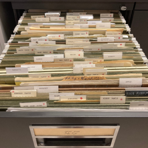 Open file cabinet drawer revealing folders with tabs. 