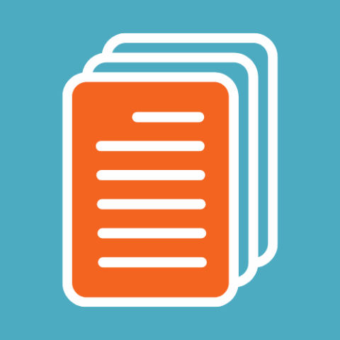 Icon of stack of papers; orange paper with aqua blue behind