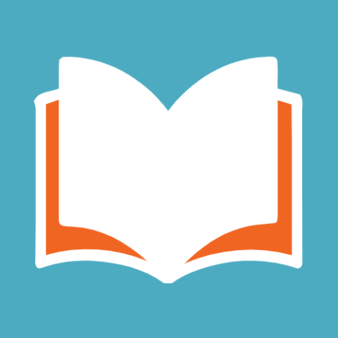 Open book with white pages, orange binding, aqua blue background