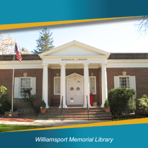Williamsport Memorial Library building front with large white pillars.