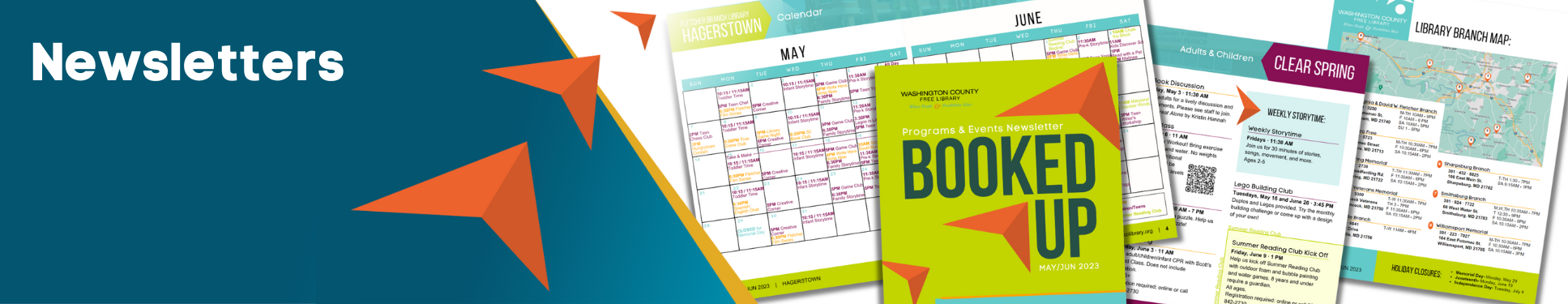 Newsletter banner with three orange arrows pointing to calendar and event pages from "Booked Up" booklet.