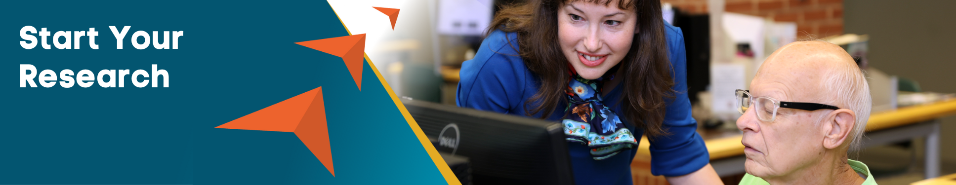Start Your Research banner with three orange arrows pointing to image of a person helping another person at a computer. 