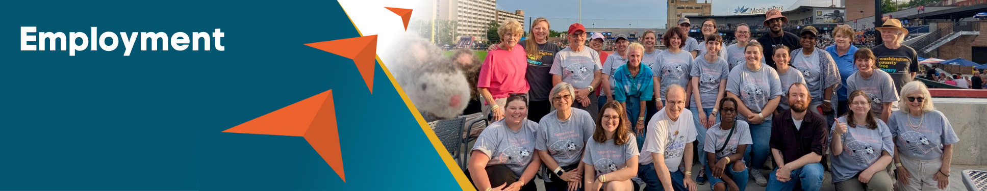 A slanted rectangle with the word "Employment" and three orange arrows pointing toward a group of library employees in matching shirts at a baseball field.