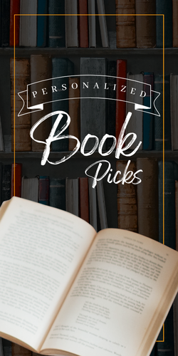 Open book against shelves with personalized book picks in script font