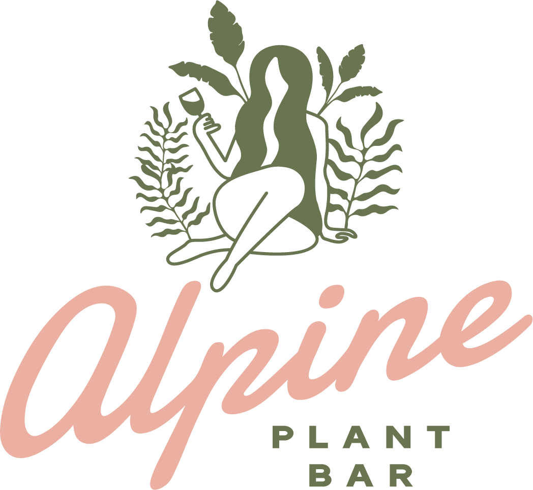 olive and pink logo featuring plant woman with long hair holding up glass of wine