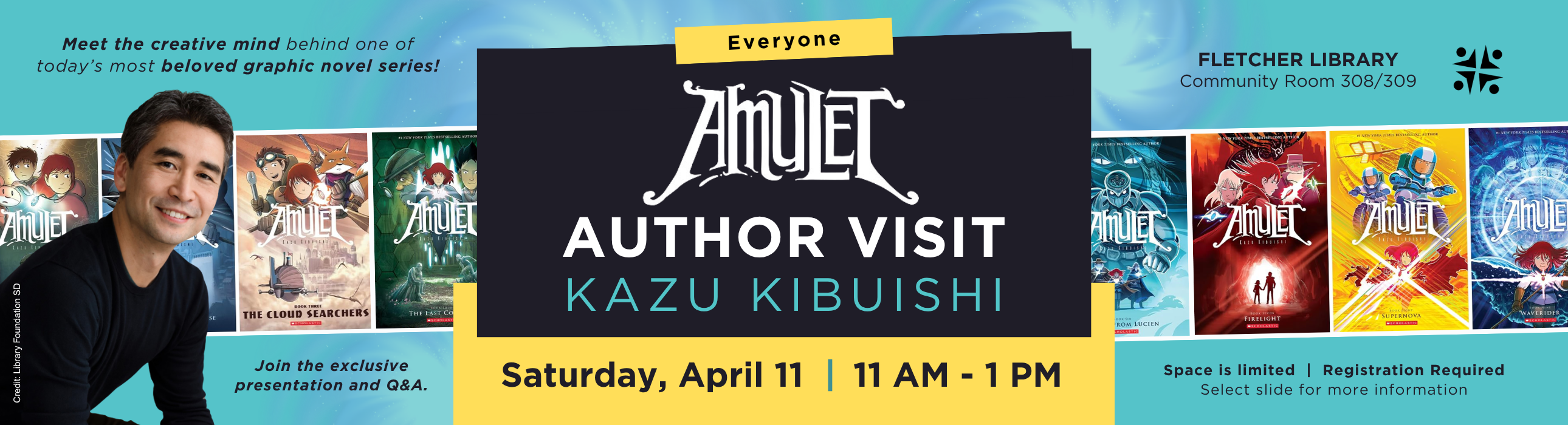 Author of Amulet graphic novels, Kazu Kibuishi, in front of book covers.