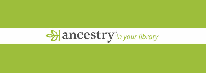 Green rectangle with white strip across center with text: ancestry in your library.