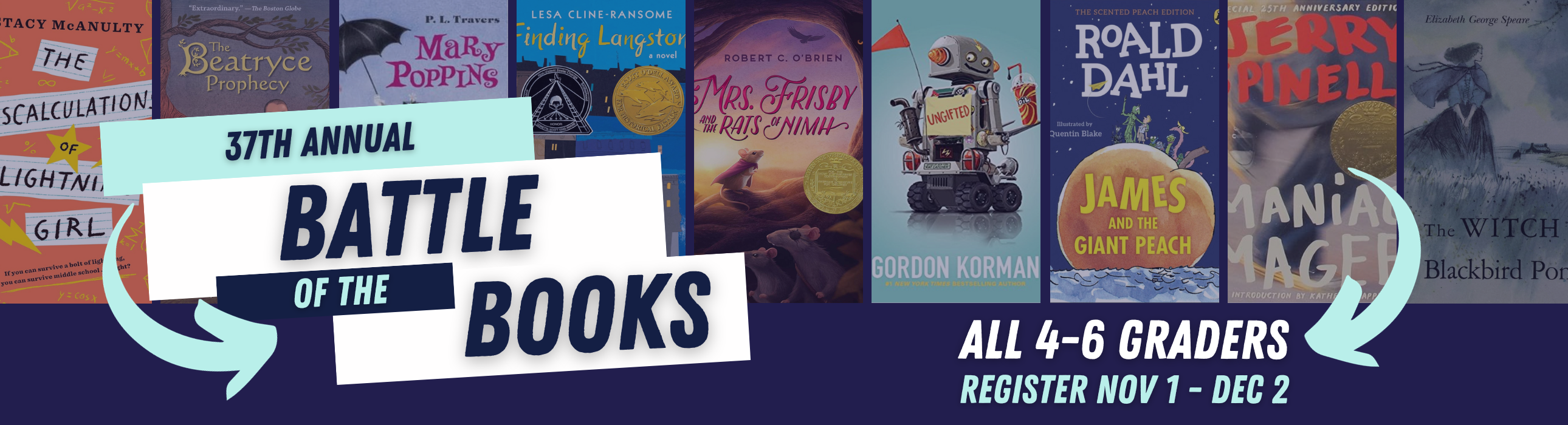 Line of 9 book covers behind text: 37th Annual Battle of the Books