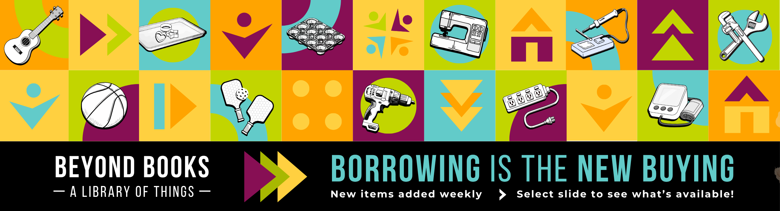 Colorful block with items like sewing machine, muffing pans, basketball, tools, ukelele, and pickle ball rackets.