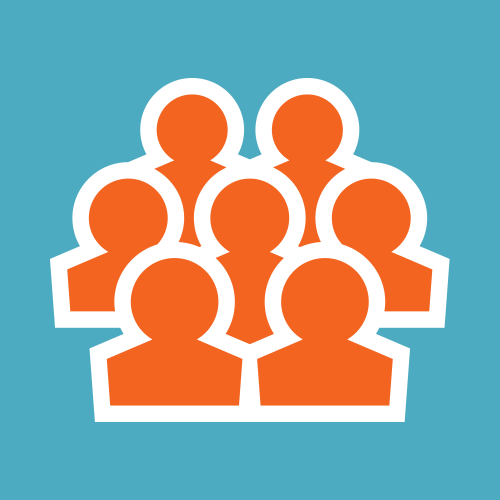 Orange cluster of people busts on blue background.