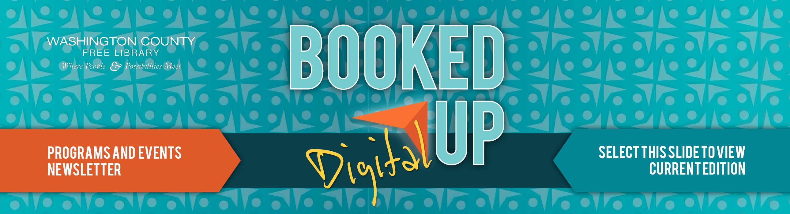 Logo patterned background with text: Booked Up Digital 