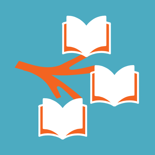 Orange branch reaching three separate open books on blue background.