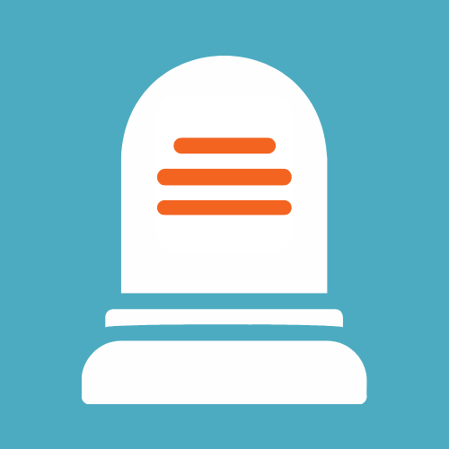 White headstone icon with orange lines on blue background.