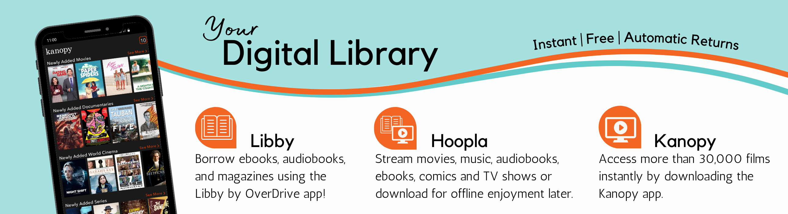 Cell phone next to "Your Digital Library" with a wavy underline. Libby, Hoopla, and Kanopy apps listed with icons.