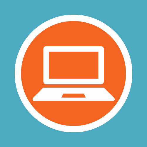 White lap top computer icon inside orange circle and blue background.