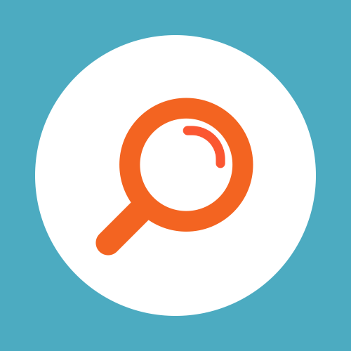 Orange cartoon magnifying glass in white circle on blue background.