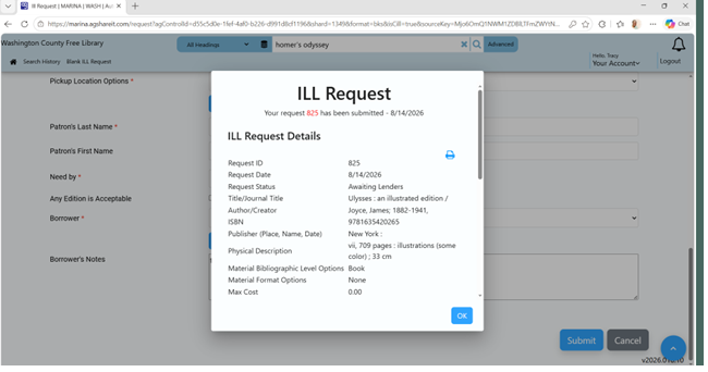 ILL Request confirmation screen capture