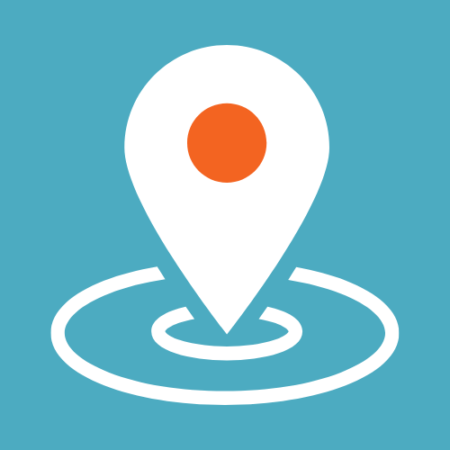 White location icon with orange center and two concentric ovals below on blue background.