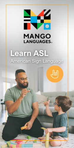 Mango Languages logo above a man and a child using sign language to communicate.