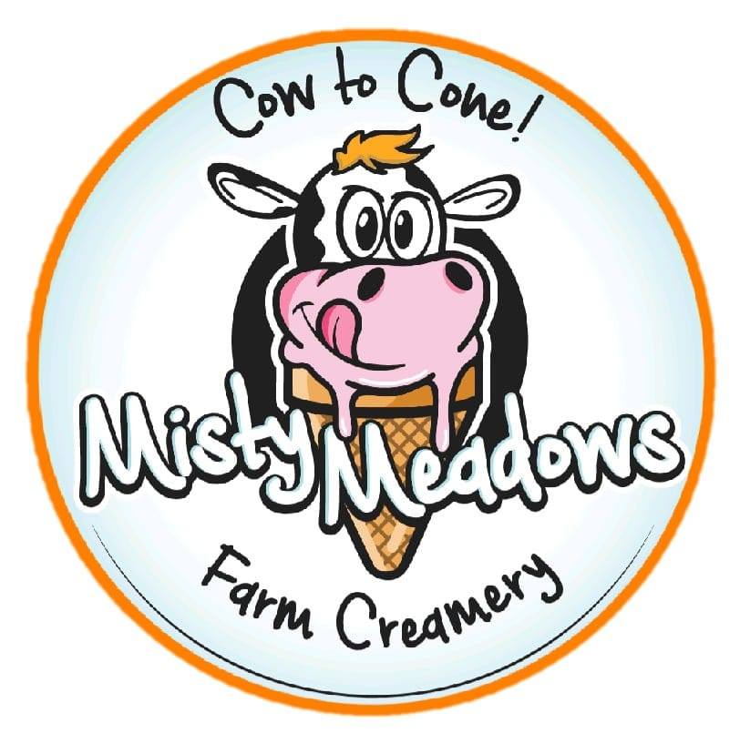 Misty Meadows logo: Smiling cow head on top of an ice cream cone.