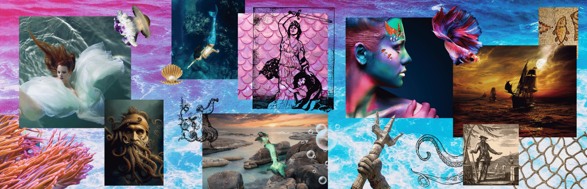 Variety of textures, sea creatures, pirate ships, and more than evoke magical ocean vibes.