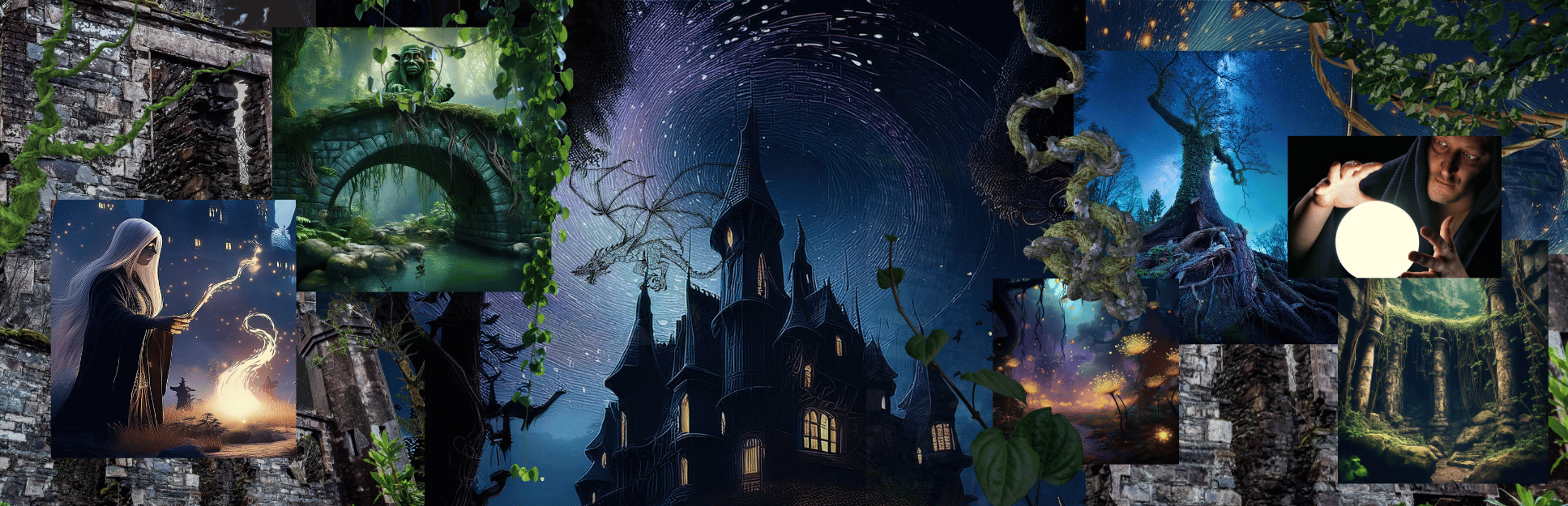 dark magical castle with sorcerer wielding magic and growing vine and plants over stone structures.