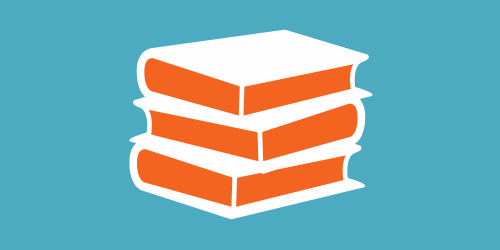 Stack of white books with orange pages on blue background.