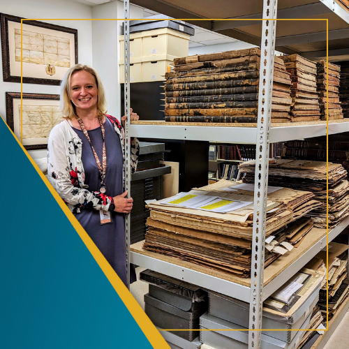 Person standing next to shelves of old newspapers and books.