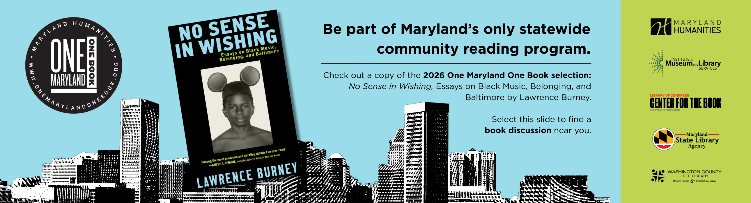 Black book cover with boy in Micky Mouse ears and title, " No Sense in Wishing" with black and white skyline of Baltimore behind. 