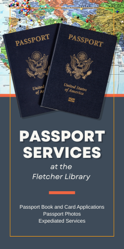 Two US Passports over a world map with text: Passport Services.