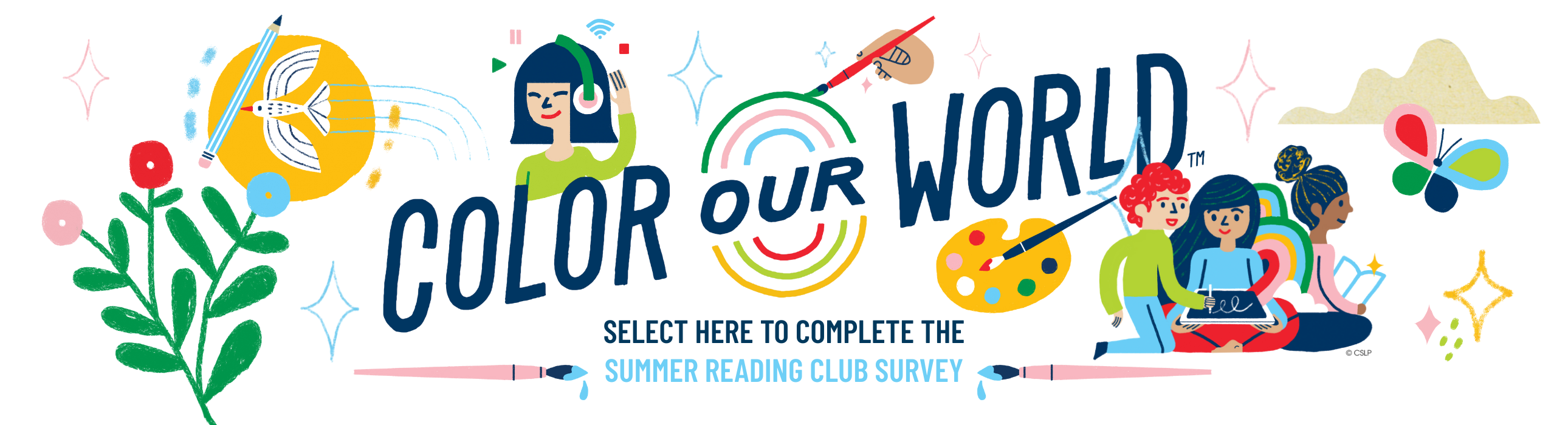 Color our World text with children reading, rainbows, and flowers.