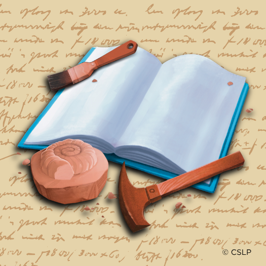 Blank, open book with digging tools and fossil on top on messy cursive writting.