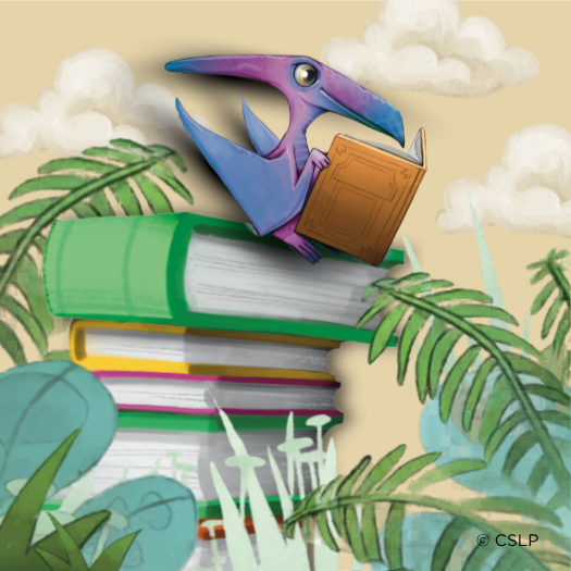 Purple pterodactyl reading a gold-orange book on top of a stack of books with ferns and plants surrounding it. 