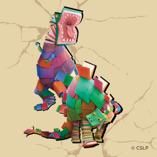 Two dinosaurs made out of stacks of books and open books for their mouths with brown cracks around them.